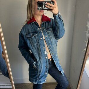 Y2K Zara Oversized denim long jacket with red fur collar